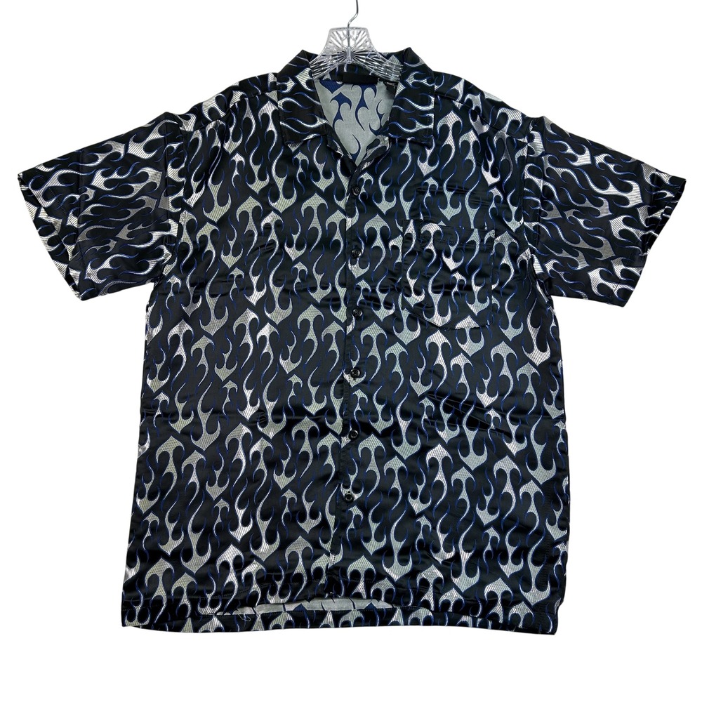Vintage Coda Shirt Mens Large Y2K Grunge Flame Print Button Up Rayon Black‎